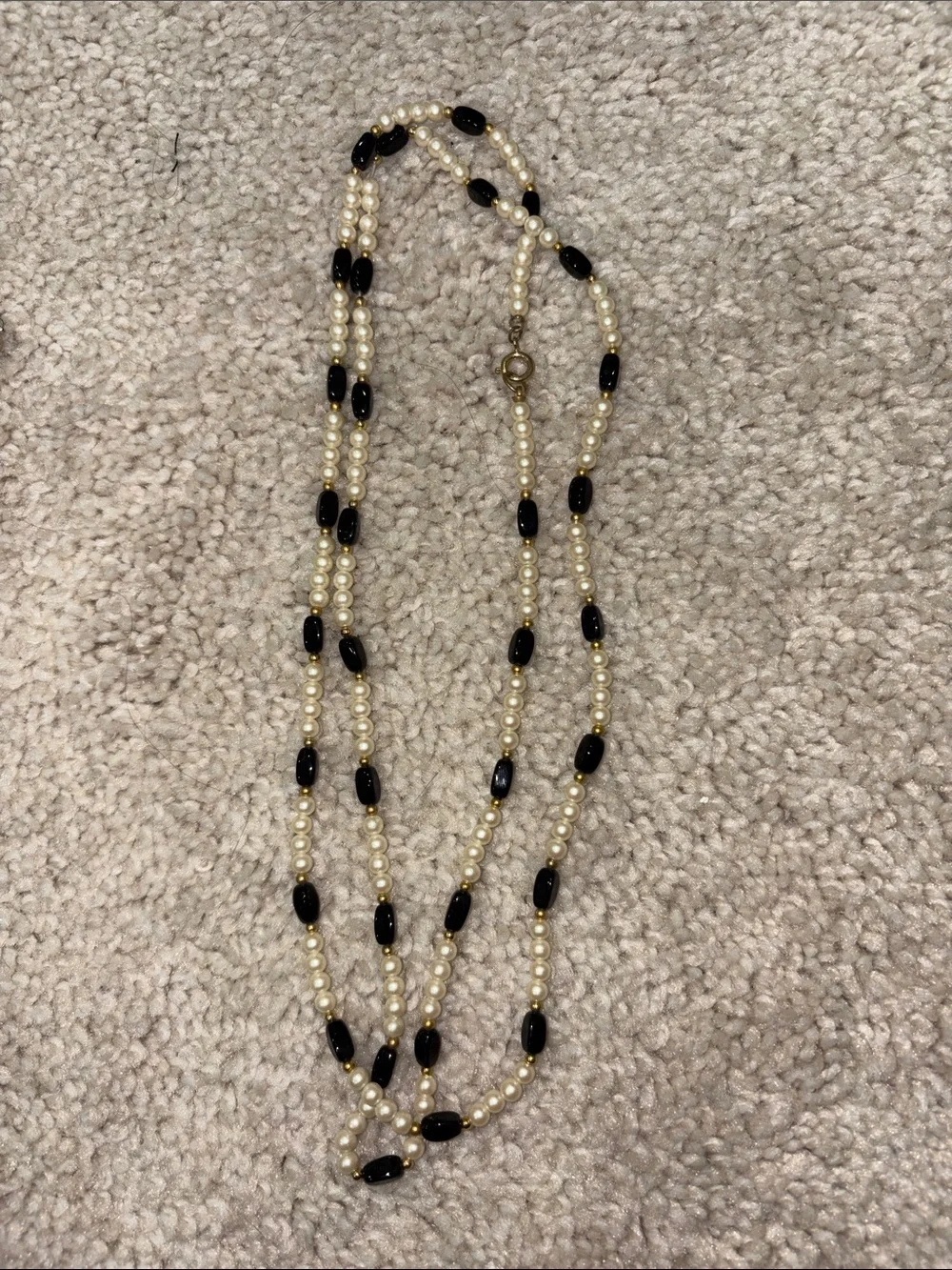 12-Classic Pearl and Black Bead Double Strand Necklace - Unbranded